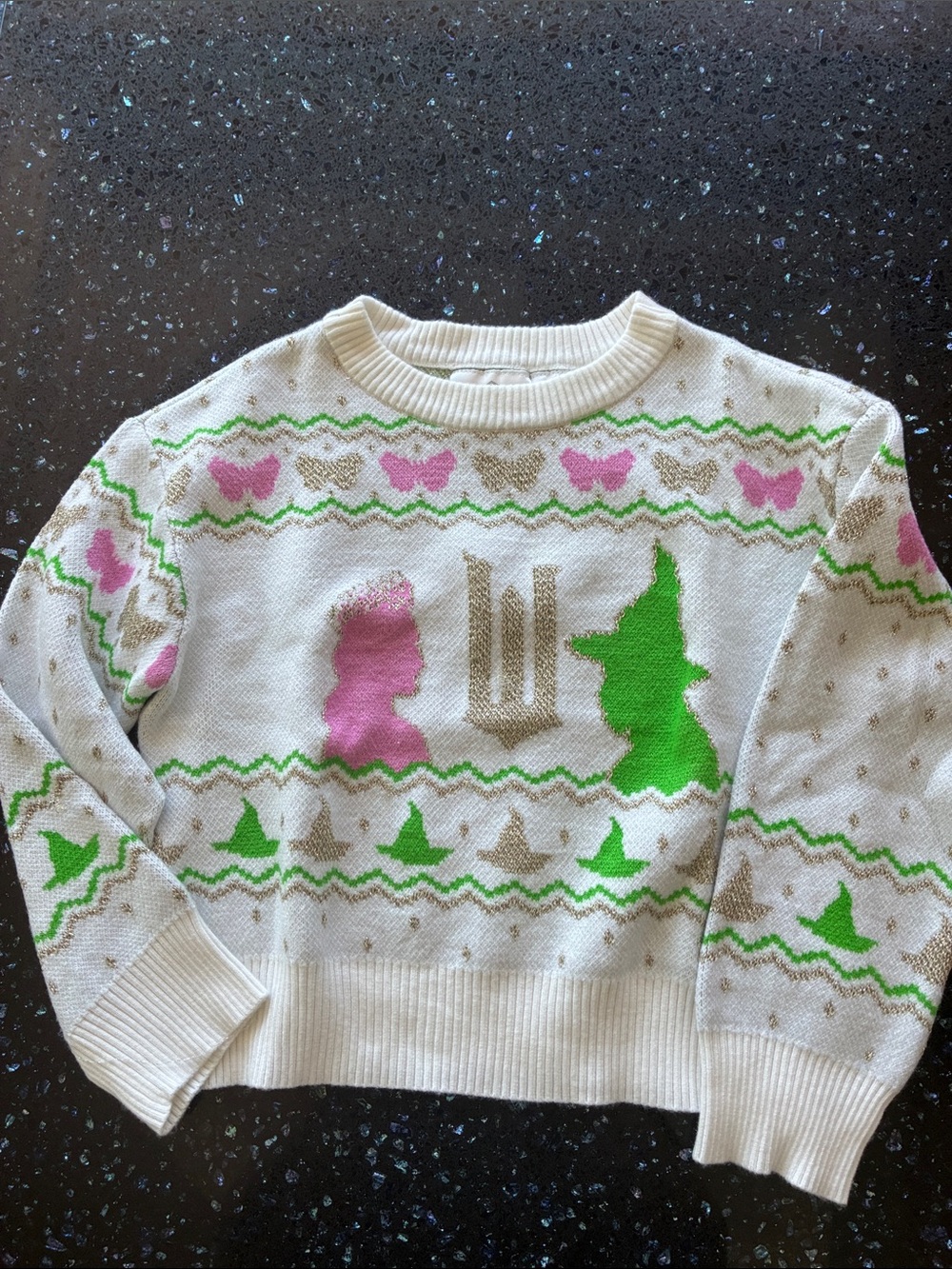 Girls Wicked Movie Cream Crewneck Sweater with Glitter Graphics - 6/6X